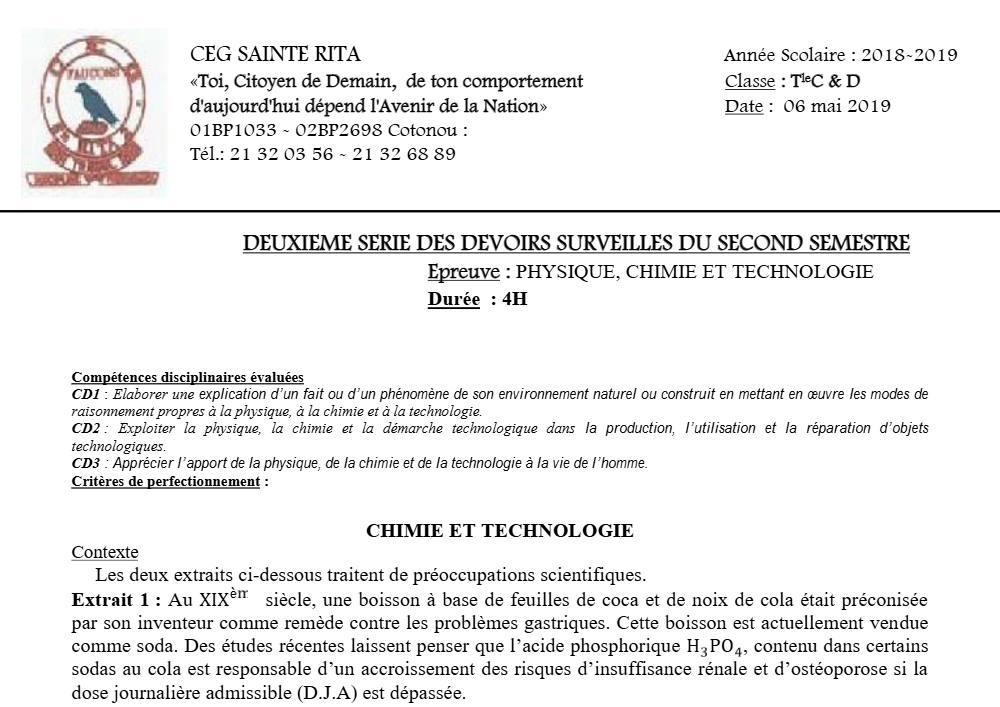 Aperçu de la première page — Tle C D PCT 2ème Devoir 2ème Semestre CEG Sainte Rita 2018 2019