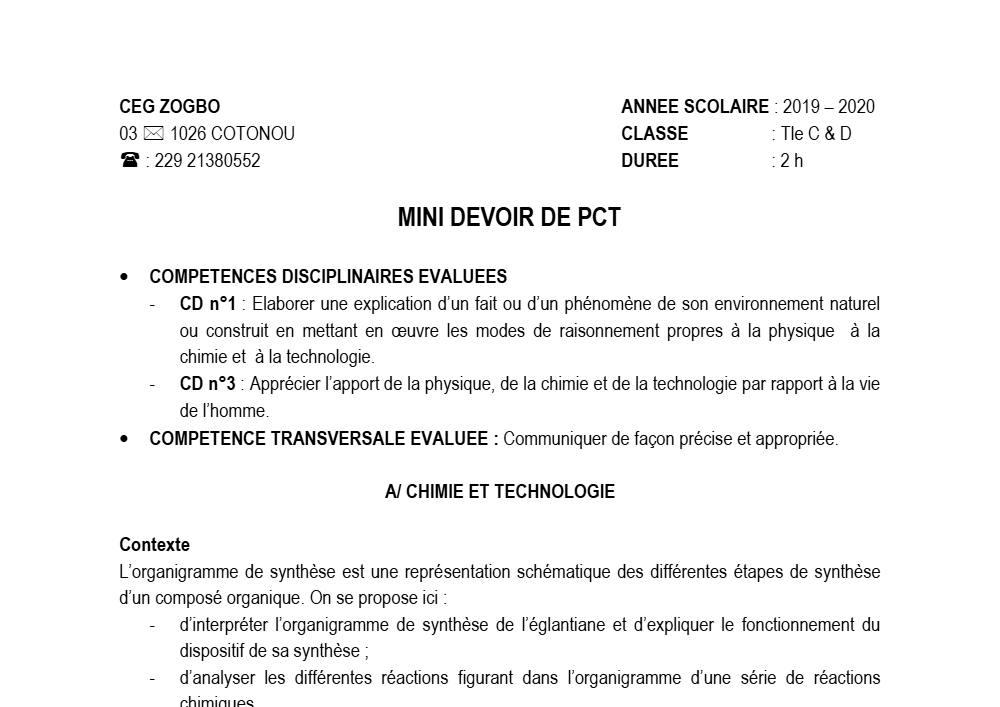Aperçu de la première page — Tle C D PCT 2ème Devoir 2ème Semestre CEG Zogbo 2019 2020