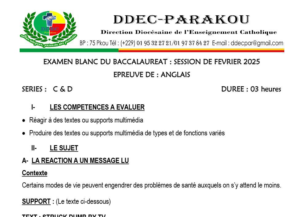 Aperçu de la première page — Anglais Séries C D BAC Blanc Diocèse de Parakou 2025