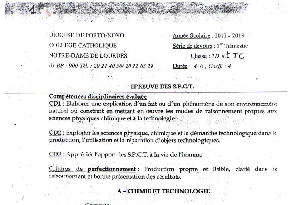 Aperçu de la première page — Tle C D PCT Devoir Collège Cath Notre Dame Lourdes 1er Trim 2012 2013