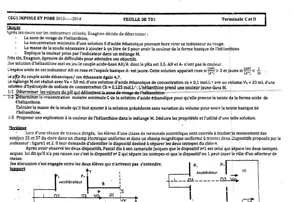 Aperçu de la première page — Tle C E D PCT Travaux Dirigés N°1 CEG Ikpinlè Pobè 2013 2014