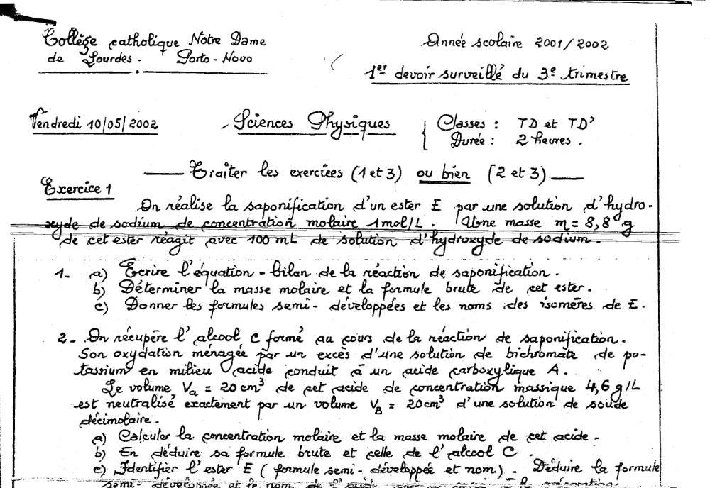 Aperçu de la première page — Tle D PCT 1er Devoir Collège Catholique Notre Dame Lourdes 3è Trim 2002