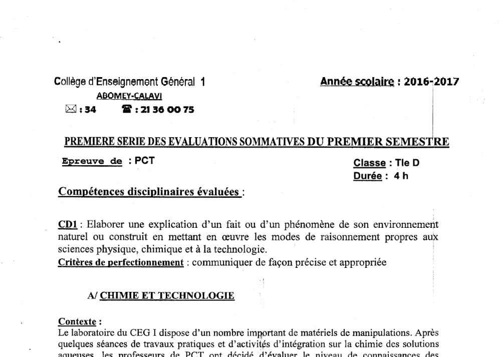 Aperçu de la première page — Tle D PCT 1er Devoir 1er Semestre CEG1 Abomey Calavi 2016 2017
