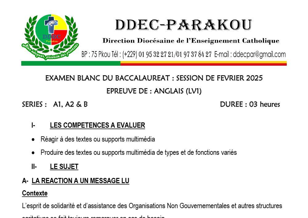 Aperçu de la première page — Anglais LV1 Séries A1 A2 B BAC Blanc Diocèse de Parakou 2025