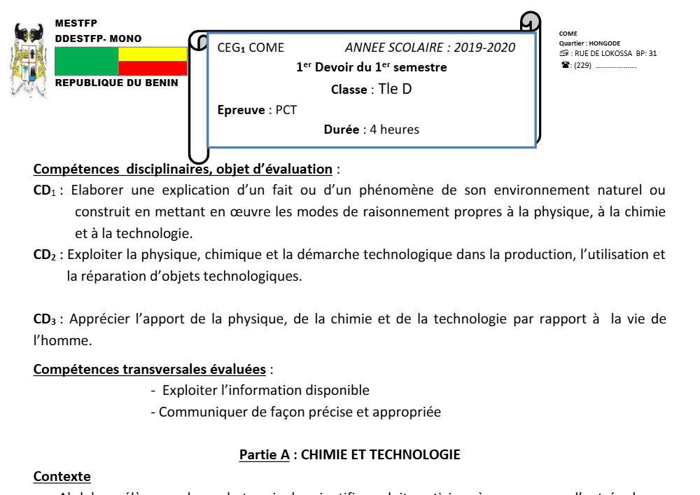 Aperçu de la première page — Tle D PCT 1er Devoir 1er Semestre CEG1 Come 2019 2020