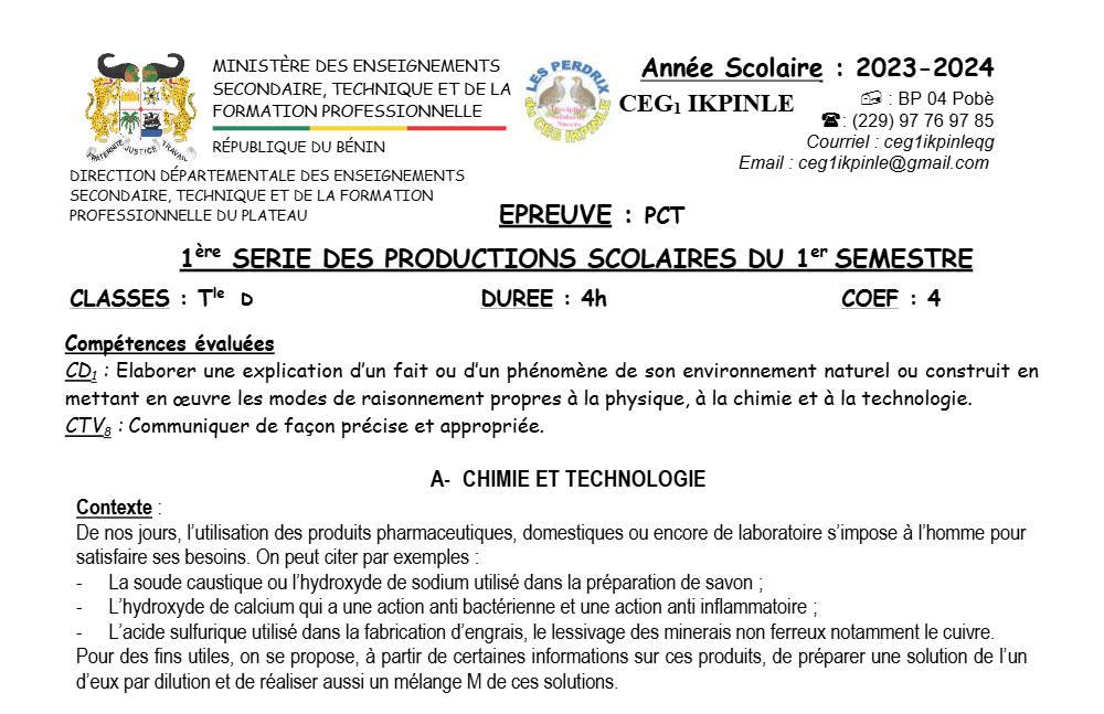 Aperçu de la première page — Tle D PCT 1er Devoir 1er Semestre CEG1 Ikpinlè 2023 2024