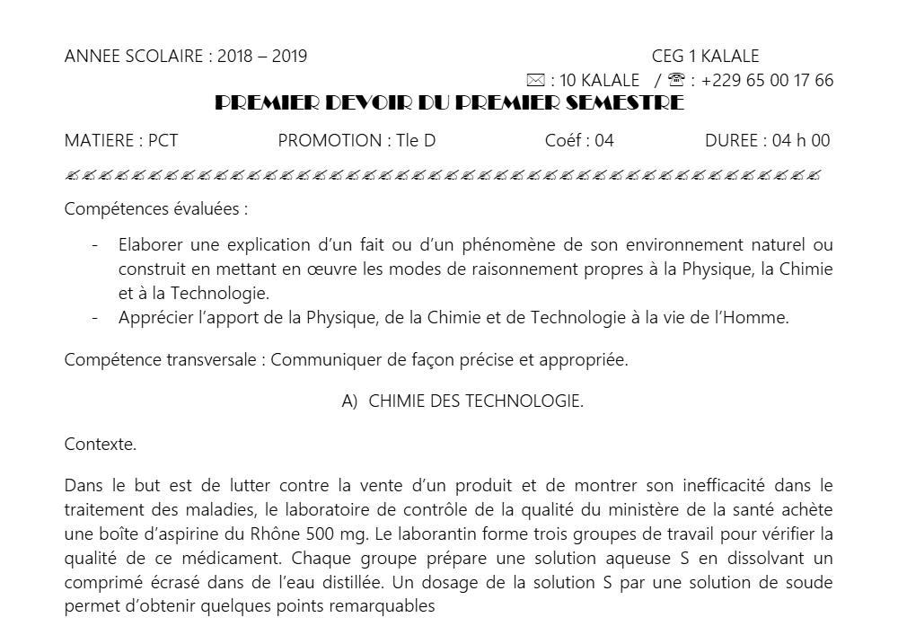 Aperçu de la première page — Tle D PCT 1er Devoir 1er Semestre CEG1 Kalalé 2018 2019