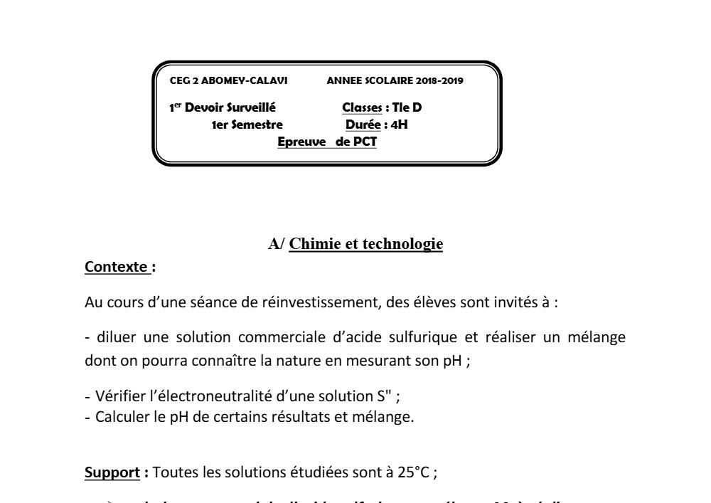 Aperçu de la première page — Tle D PCT 1er Devoir 1er Semestre CEG2 Abomey Calavi 2018 2019