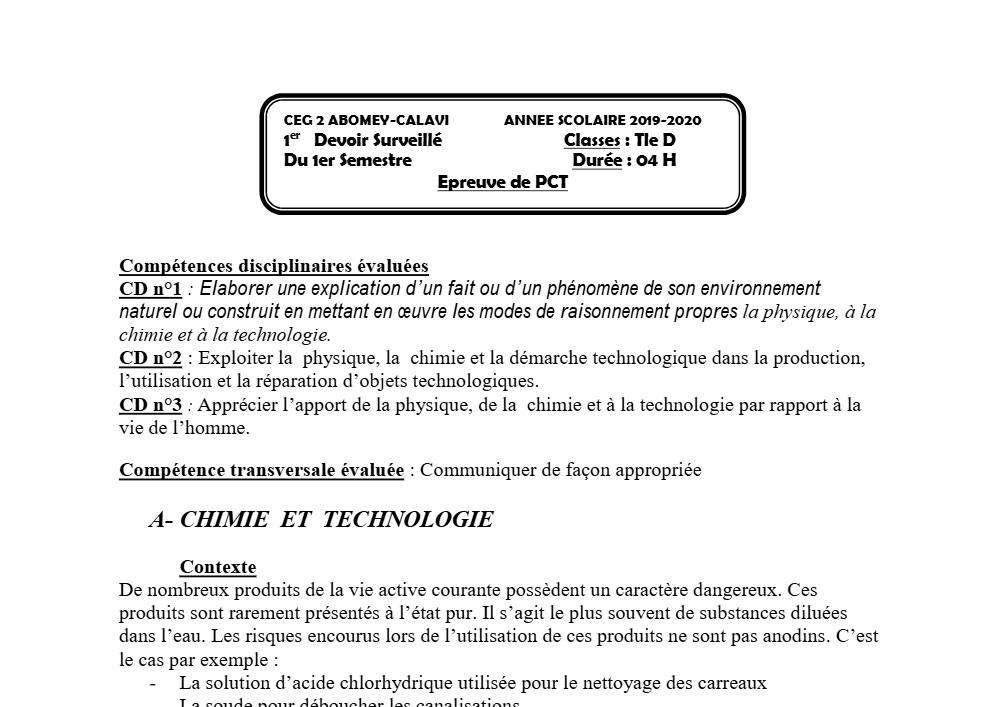 Aperçu de la première page — Tle D PCT 1er Devoir 1er Semestre CEG2 Abomey Calavi 2019 2020