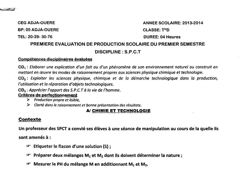 Aperçu de la première page — Tle D PCT 1er Devoir 1er Semestre CEG Adja Ouere 2013 2014
