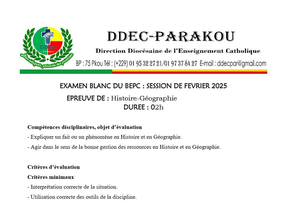 Aperçu de la première page — Histoire Géographie BEPC Blanc Diocèse de Parakou 2025