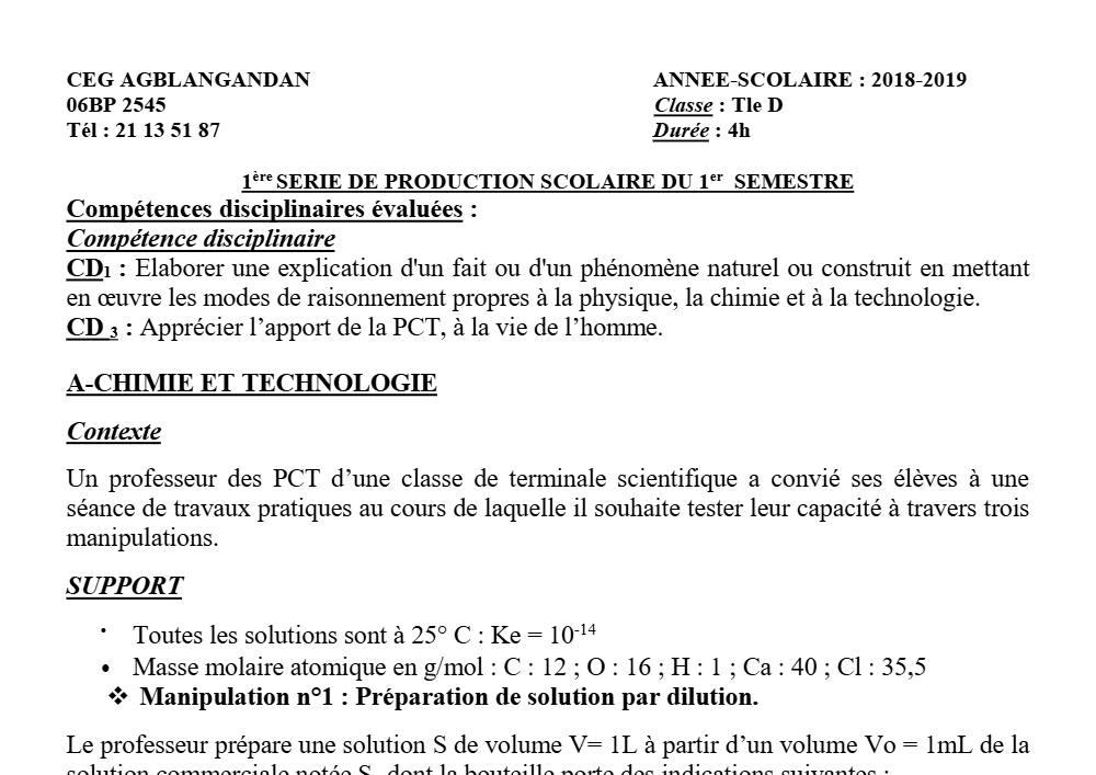 Aperçu de la première page — Tle D PCT 1er Devoir 1er Semestre CEG Agblangandan 2018 2019