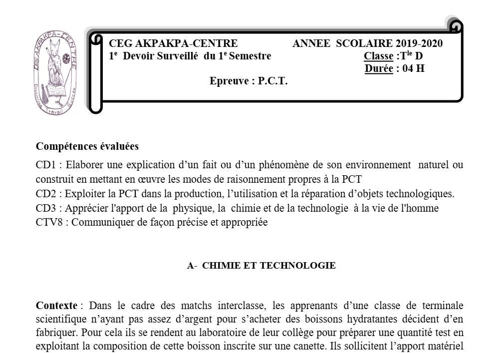 Aperçu de la première page — Tle D PCT 1er Devoir 1er Semestre CEG Akpakpa 2019 2020