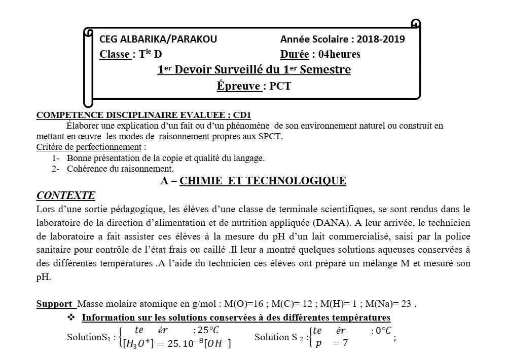 Aperçu de la première page — Tle D PCT 1er Devoir 1er Semestre CEG Albarika 2018 2019