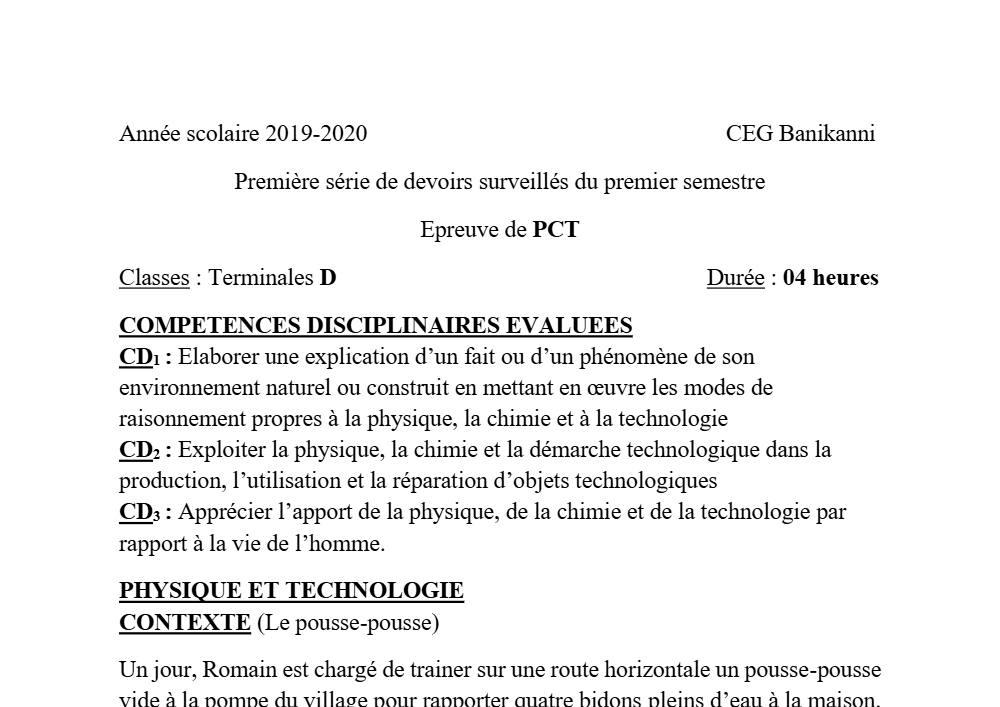 Aperçu de la première page — Tle D PCT 1er Devoir 1er Semestre CEG Banikanni 2019 2020