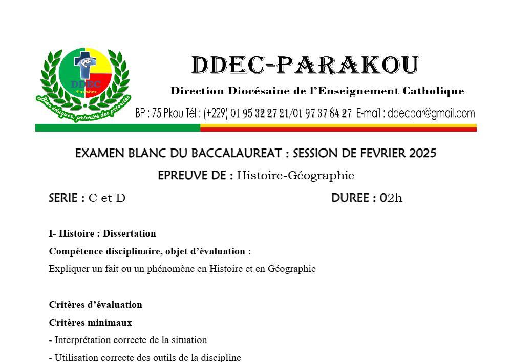 Aperçu de la première page — Histoire Géographie Séries C D BAC Blanc Diocèse de Parakou 2025