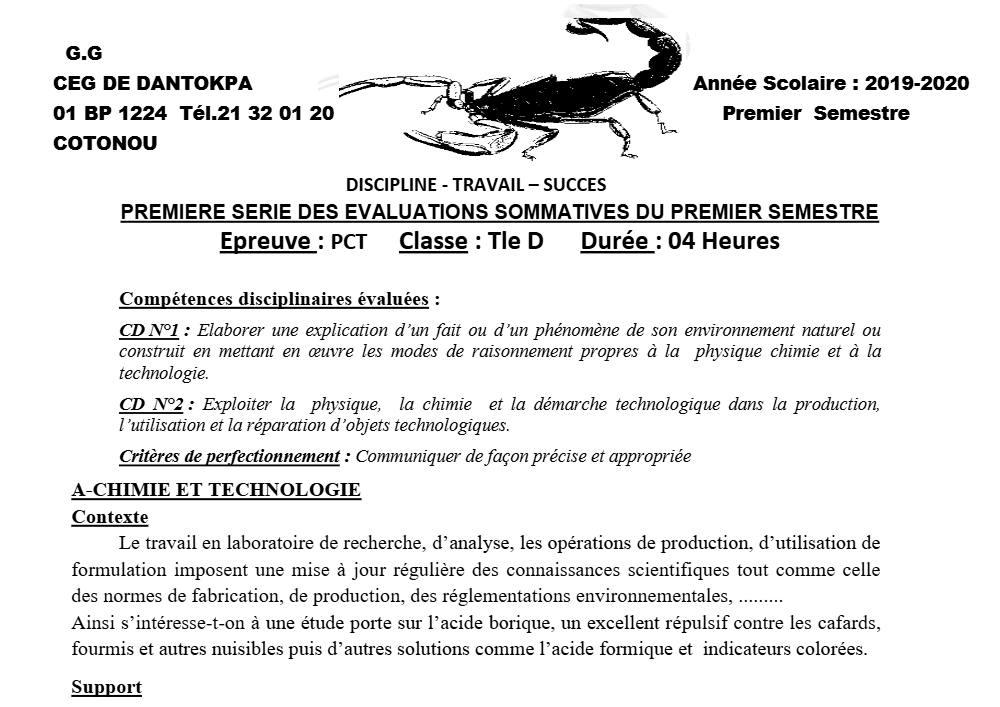 Aperçu de la première page — Tle D PCT 1er Devoir 1er Semestre CEG Dantokpa 2019 2020