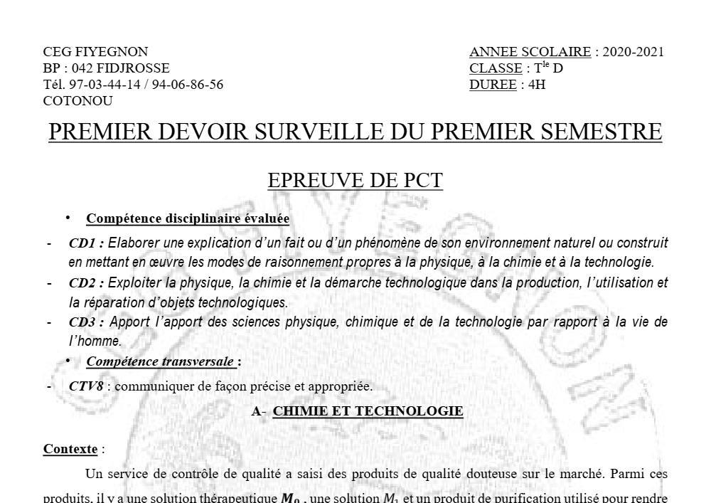 Aperçu de la première page — Tle D PCT 1er Devoir 1er Semestre CEG Fiyegnon 2020 2021