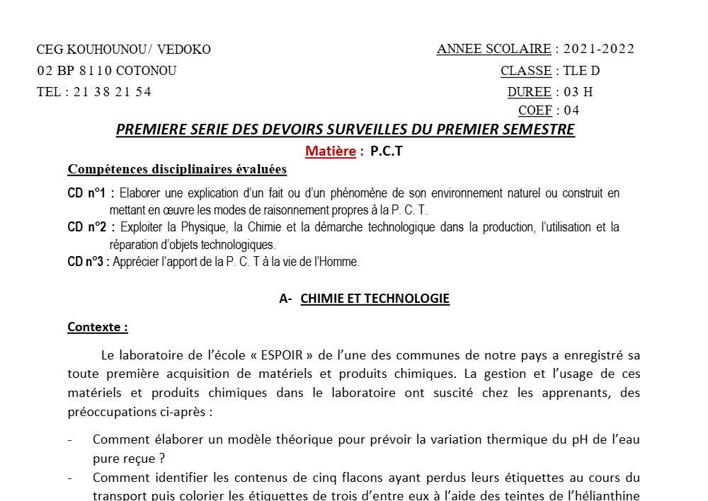 Aperçu de la première page — Tle D PCT 1er Devoir 1er Semestre CEG Kouhounou Vedoko 2021 2022