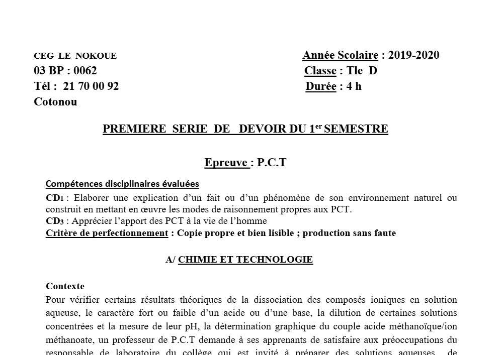 Aperçu de la première page — Tle D PCT 1er Devoir 1er Semestre CEG Le Nokoué 2019 2020