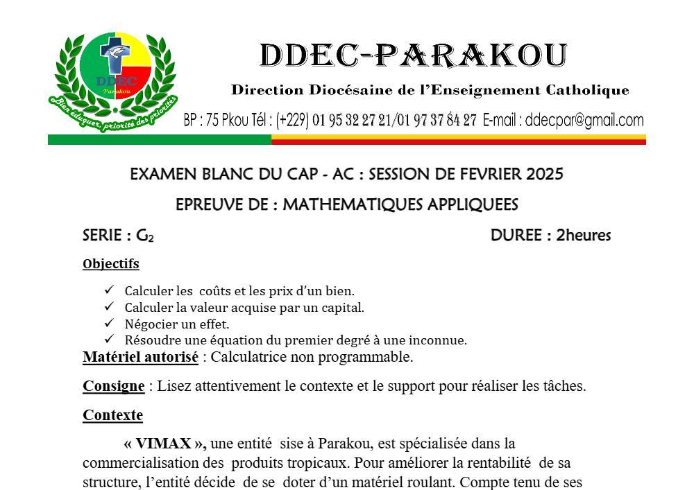 Aperçu de la première page — Mathématiques Appliquées CAP Blanc Diocèse de Parakou 2025