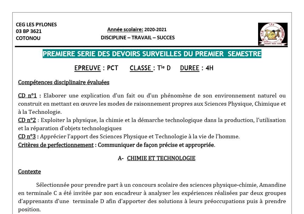 Aperçu de la première page — Tle D PCT 1er Devoir 1er Semestre CEG Les Pylônes 2020 2021
