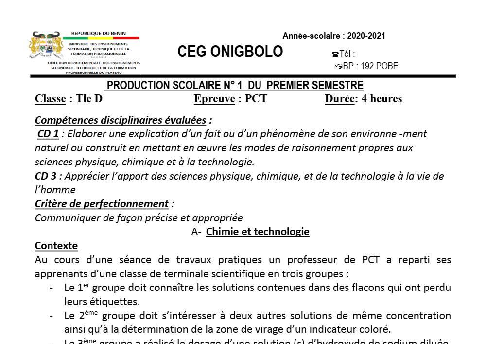 Aperçu de la première page — Tle D PCT 1er Devoir 1er Semestre CEG Onigbolo 2020 2021