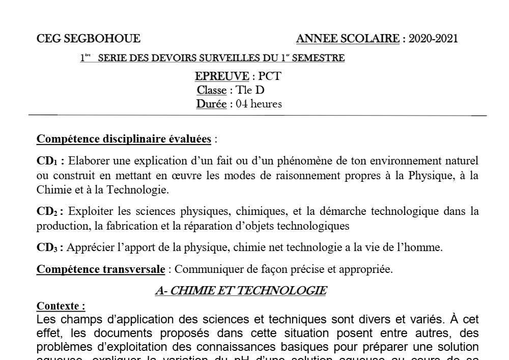 Aperçu de la première page — Tle D PCT 1er Devoir 1er Semestre CEG Segbohoue 2020 2021