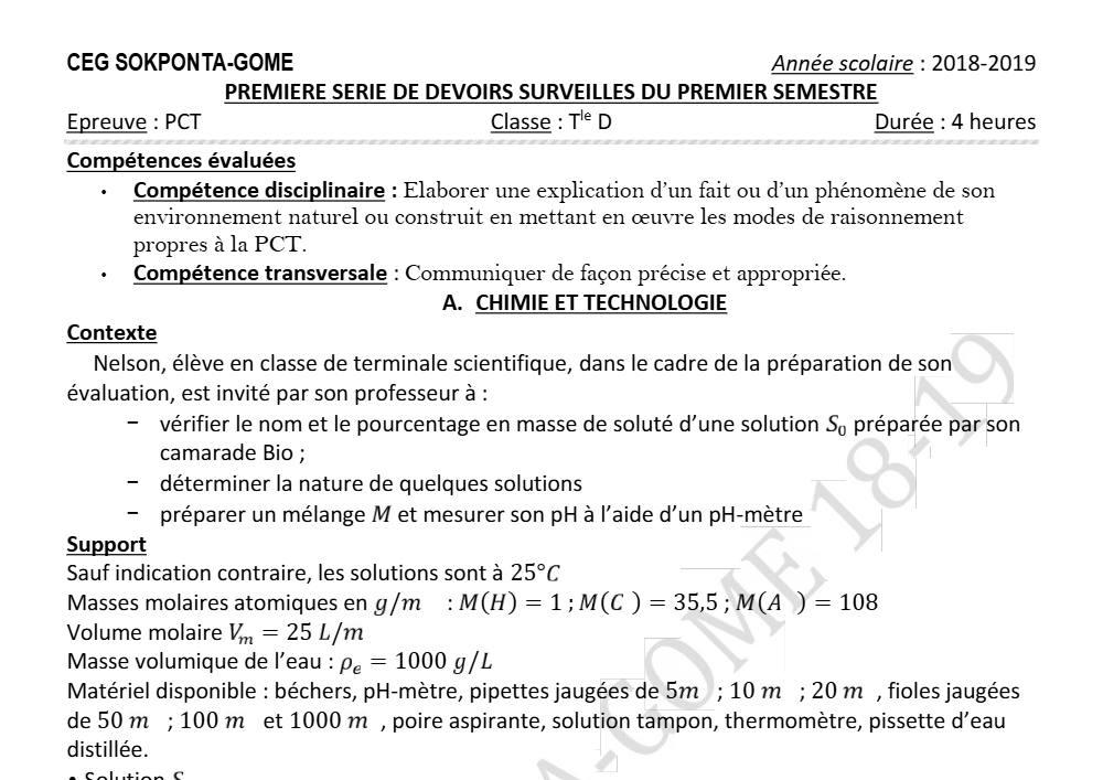 Aperçu de la première page — Tle D PCT 1er Devoir 1er Semestre CEG Sokponta Gome 2018 2019