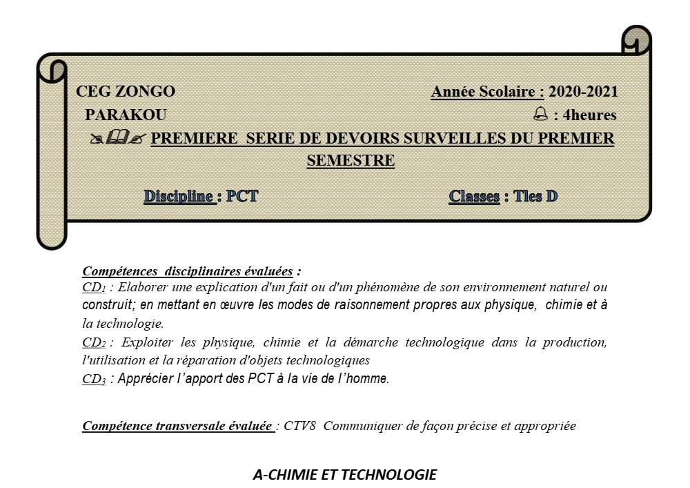 Aperçu de la première page — Tle D PCT 1er Devoir 1er Semestre CEG Zongo 2020 2021