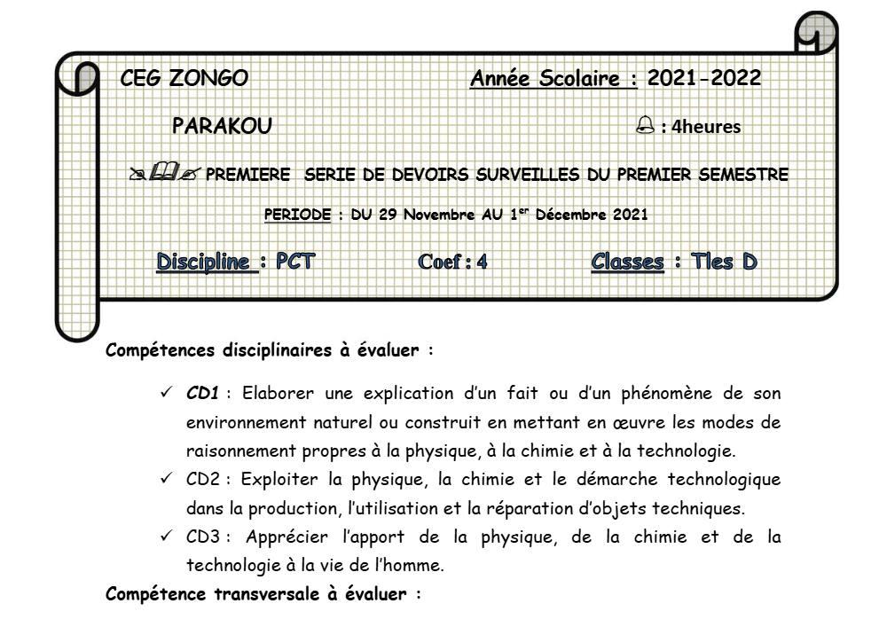 Aperçu de la première page — Tle D PCT 1er Devoir 1er Semestre CEG Zongo 2021 2022