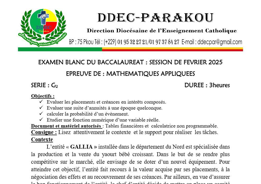 Aperçu de la première page — Mathématiques Appliquées Série G2 BAC Blanc Diocèse de Parakou 2025