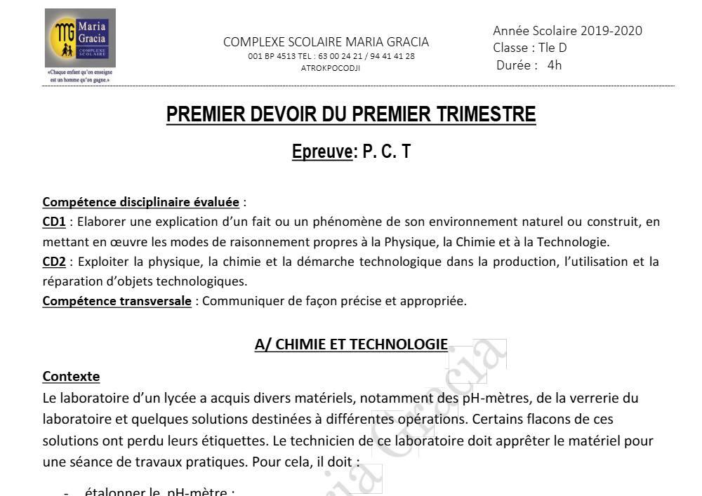 Aperçu de la première page — Tle D PCT 1er Devoir 1er Trimestre CS Maria Gracia 2019 2020
