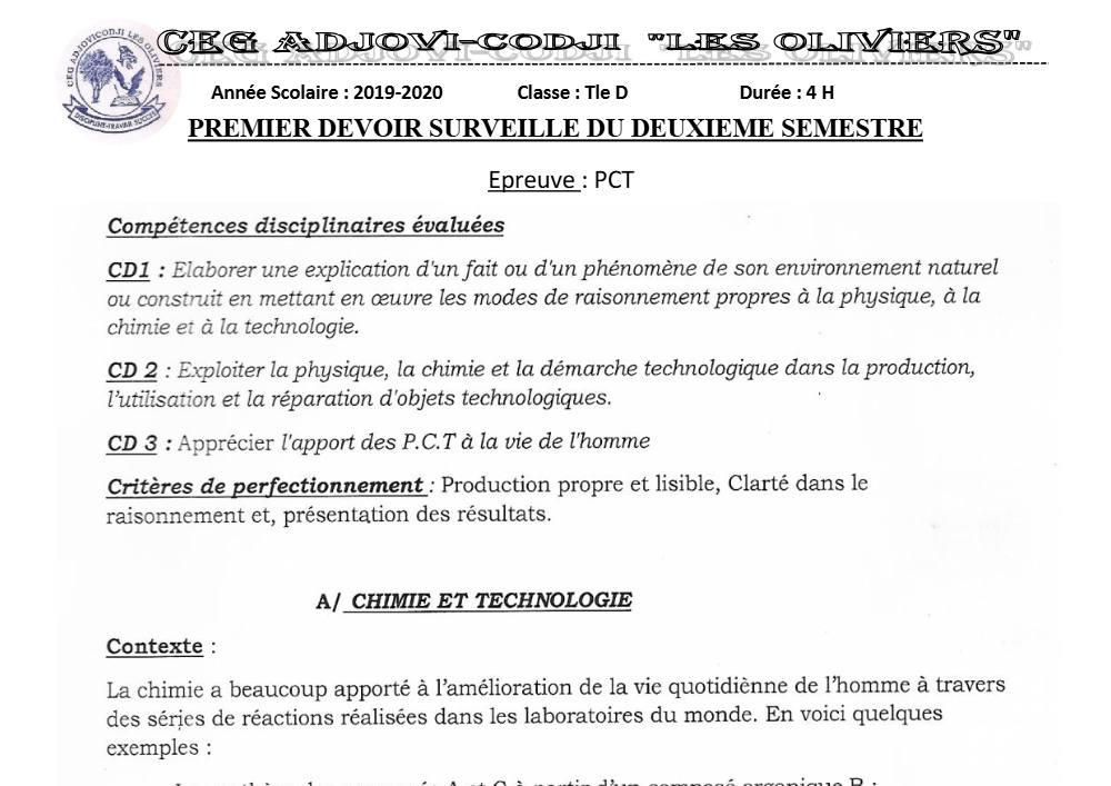 Aperçu de la première page — Tle D PCT 1er Devoir 2ème Semestre CEG Adjovi Codji 2019 2020