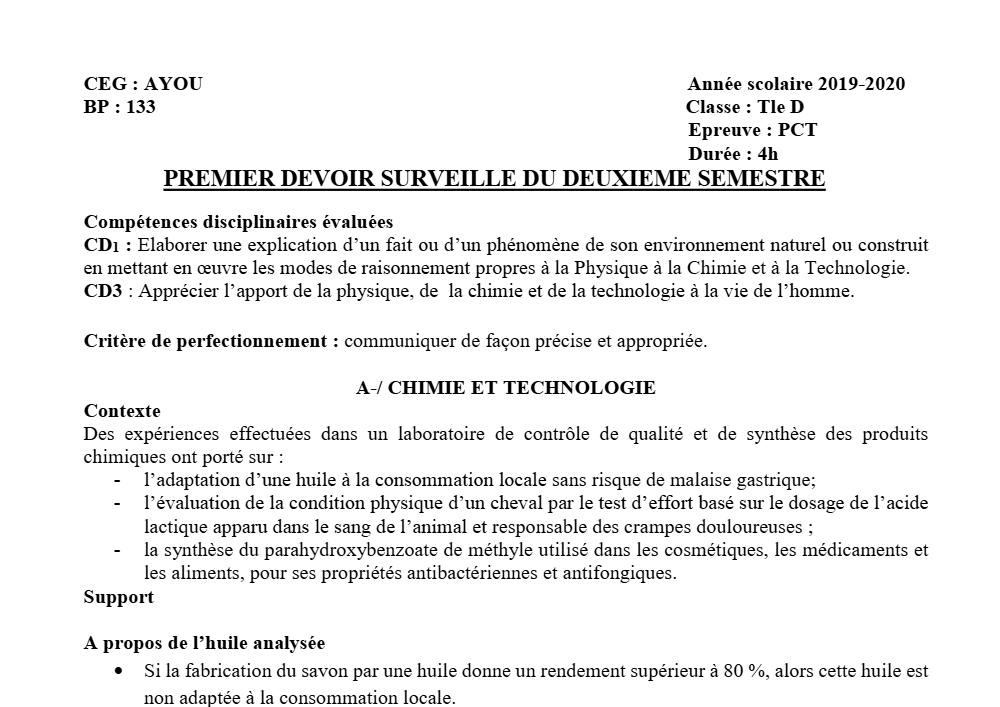 Aperçu de la première page — Tle D PCT 1er Devoir 2ème Semestre CEG Ayou 2019 2020
