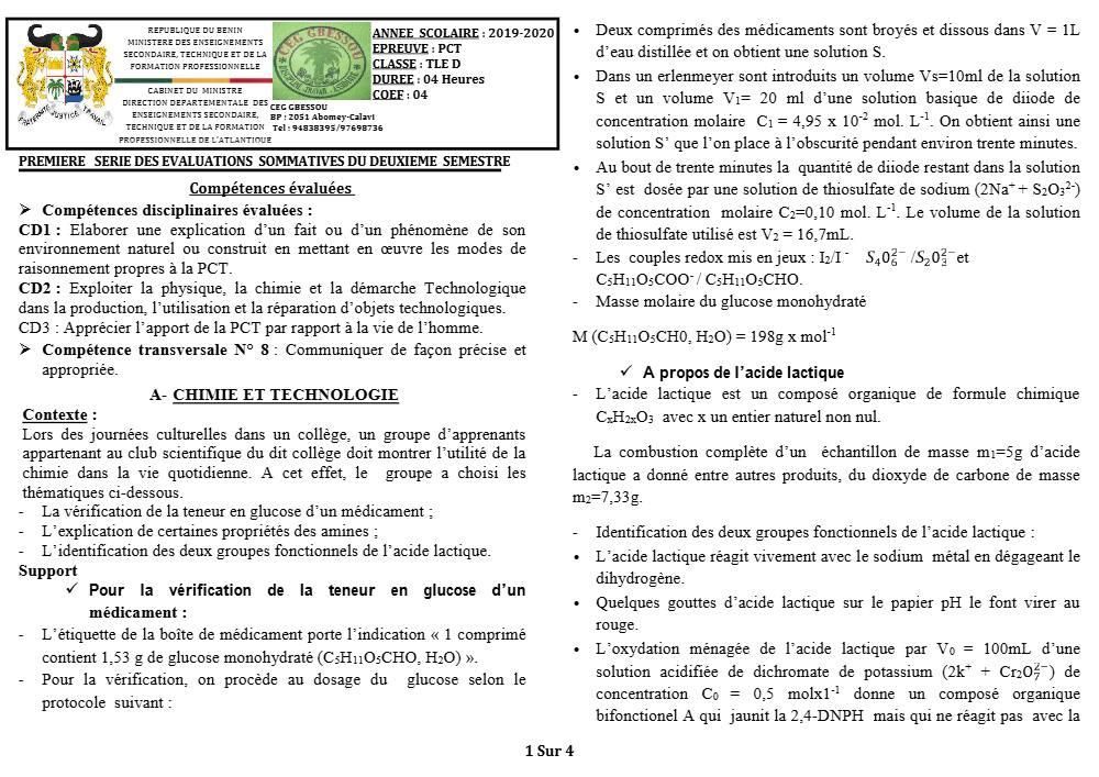Aperçu de la première page — Tle D PCT 1er Devoir 2ème Semestre CEG Gbessou 2019 2020