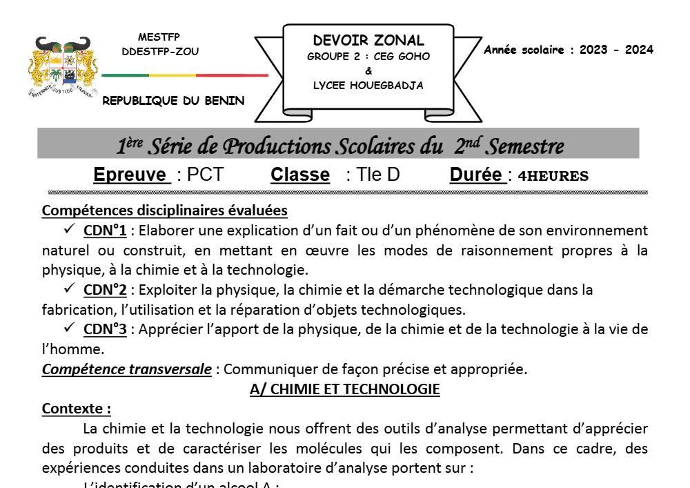 Aperçu de la première page — Tle D PCT 1er Devoir 2ème Semestre CEG Goho 2023 2024