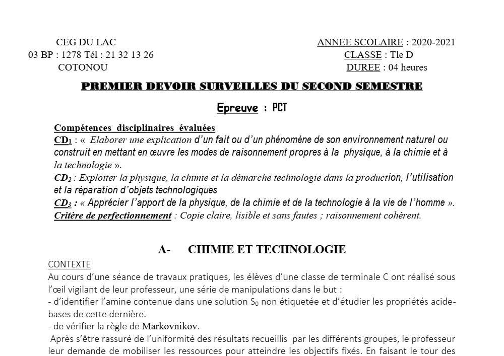Aperçu de la première page — Tle D PCT 1er Devoir 2ème Semestre CEG Lac 2020 2021