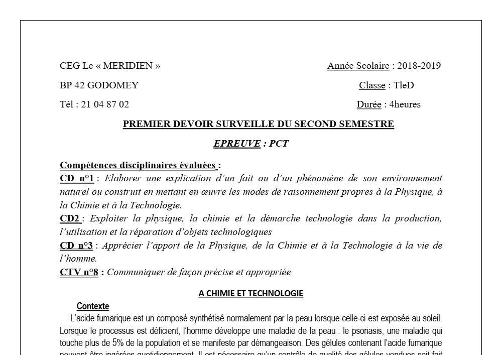 Aperçu de la première page — Tle D PCT 1er Devoir 2ème Semestre CEG Le Meridien 2018 2019