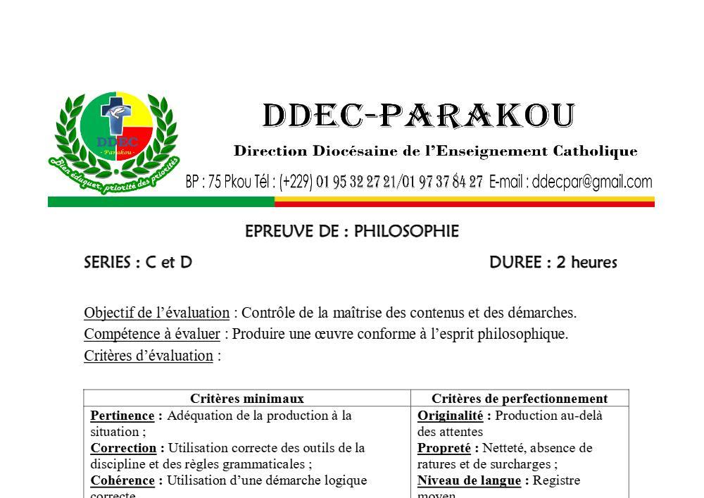 Aperçu de la première page — Philosophie Séries C D BAC Blanc Diocèse de Parakou 2025