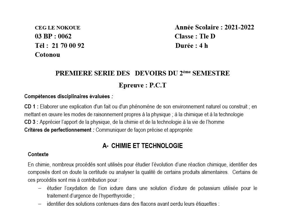 Aperçu de la première page — Tle D PCT 1er Devoir 2ème Semestre CEG Le Nokoué 2021 2022