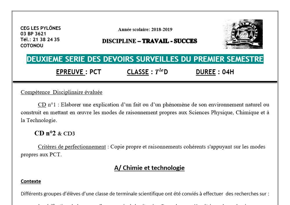 Aperçu de la première page — Tle D PCT 1er Devoir 2ème Semestre CEG Les Pylônes 2018 2019