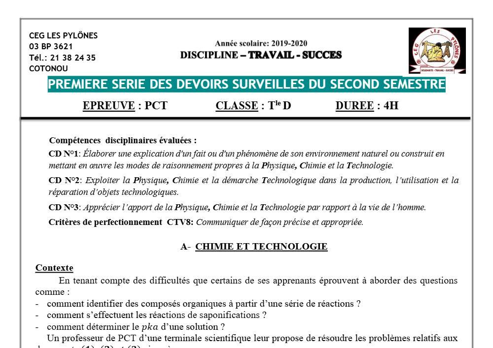 Aperçu de la première page — Tle D PCT 1er Devoir 2ème Semestre CEG Les Pylônes 2019 2020