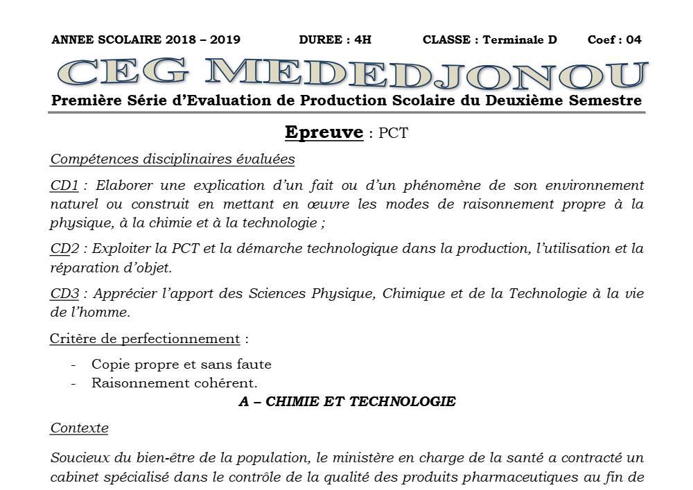 Aperçu de la première page — Tle D PCT 1er Devoir 2ème Semestre CEG Mededjonou 2018 2019