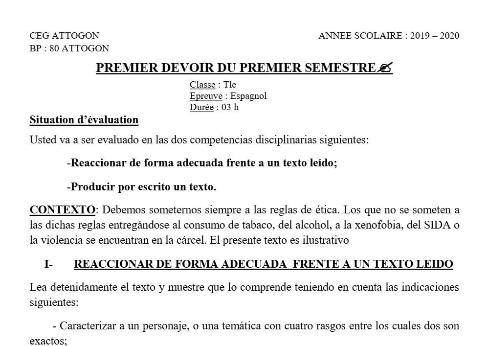 Aperçu de la première page — Tle Espagnol 1er Devoir 1er Semestre CEG Attogon 2019 2020