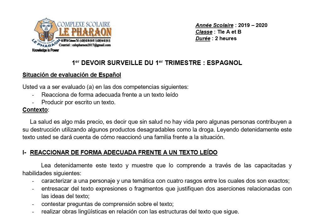 Aperçu de la première page — Tle Espagnol 1er Devoir 1er Trimestre Tel Ab CS Le Pharaon 2019 2020