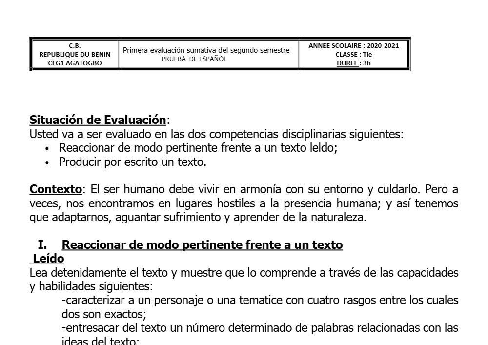 Aperçu de la première page — Tle Espagnol 1er Devoir 2ème Semestre CEG1 Agatogbo 2020 2021