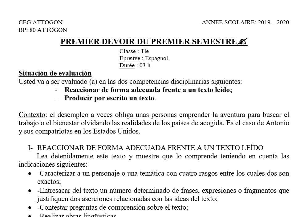 Aperçu de la première page — Tle Espagnol 1er Devoir 2ème Semestre CEG Attogon 2019 2020