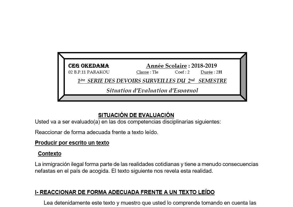 Aperçu de la première page — Tle Espagnol 1er Devoir 2ème Semestre CEG Okedama 2018 2019