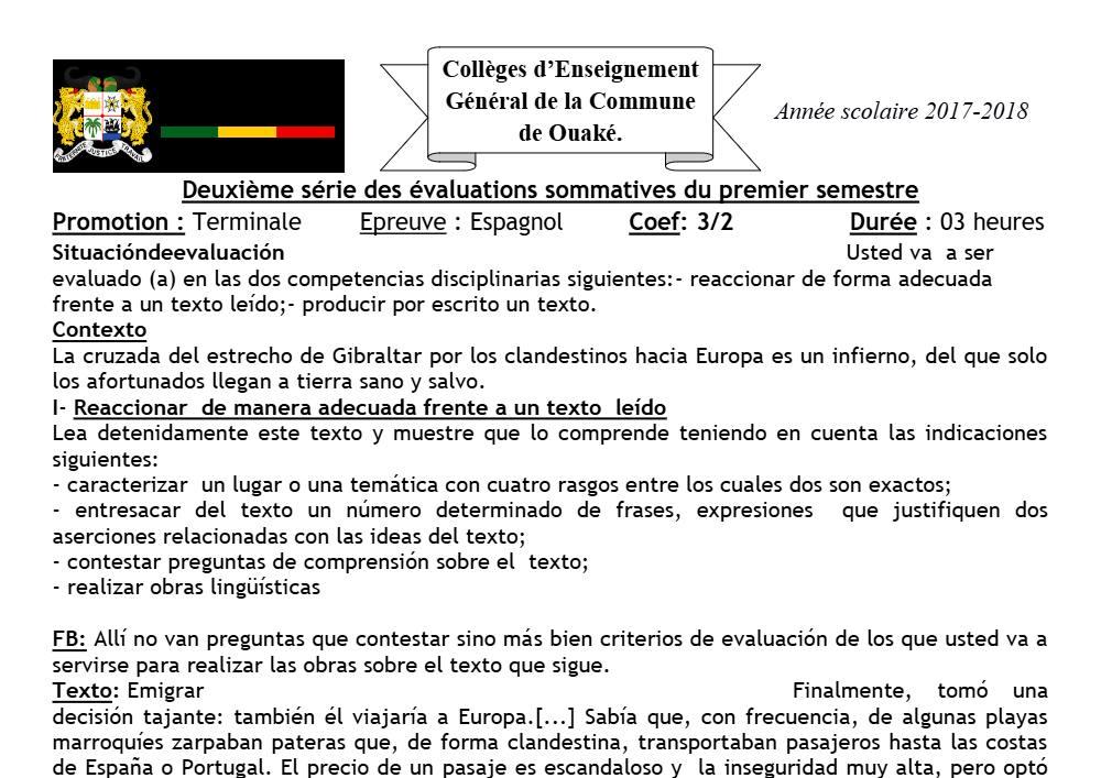 Aperçu de la première page — Tle Espagnol 2ème Devoir 1er Semestre CEG Ouake 2017 2018